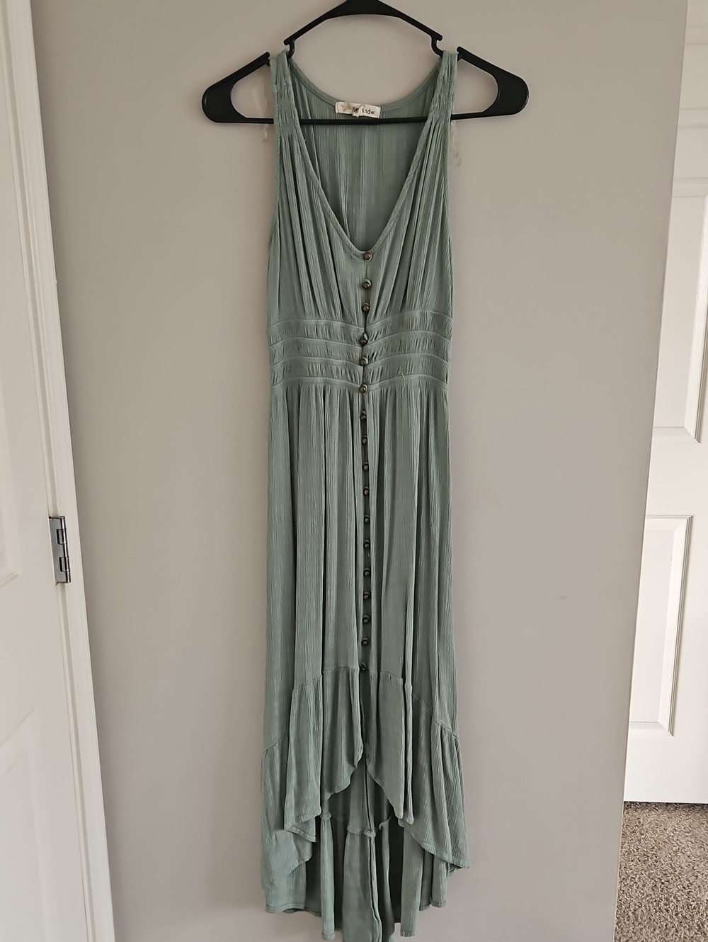 Rewind Sage Green High-Low Button Maxi Dress